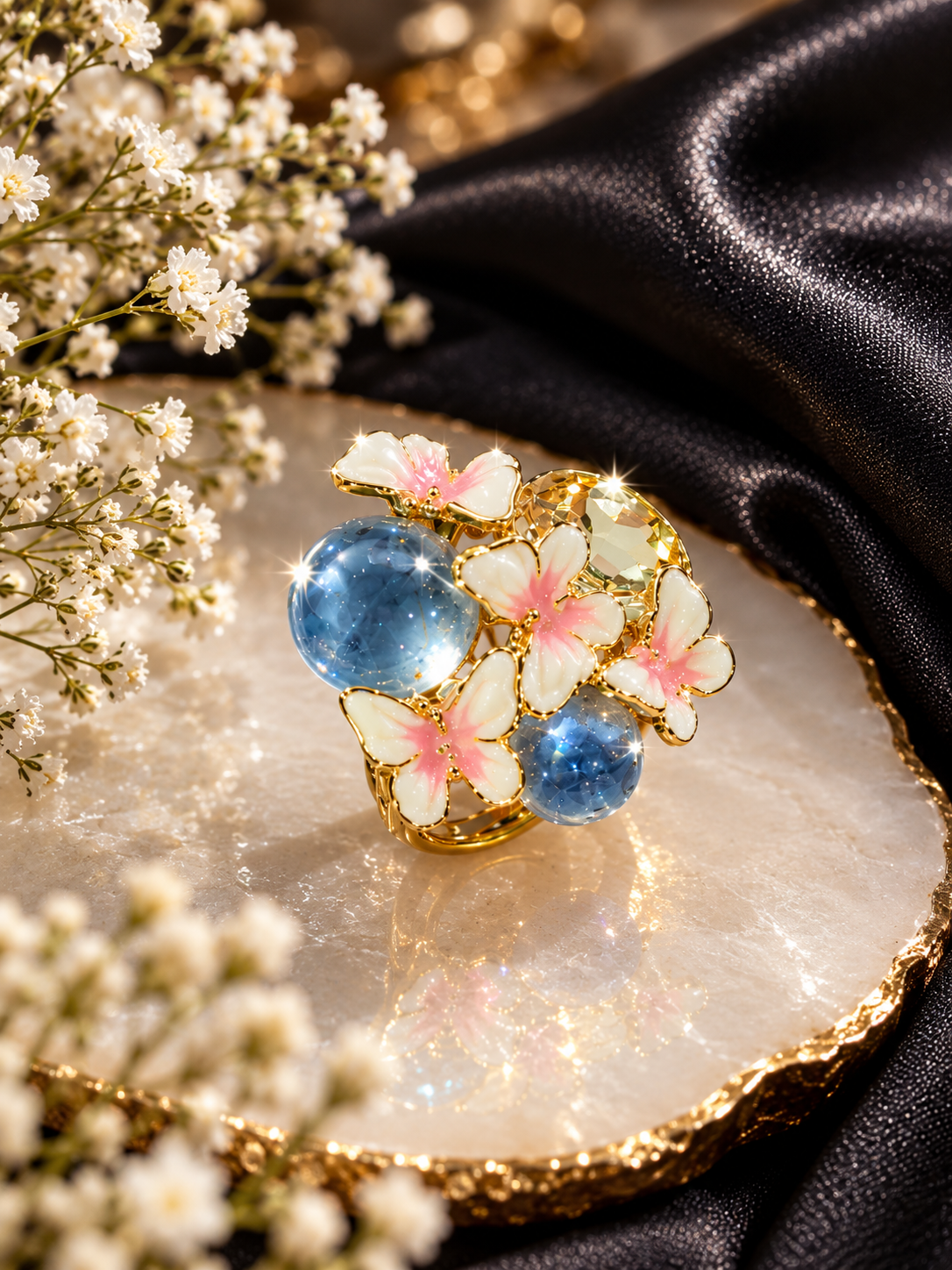 A gold ring featuring two round blue cabochon stones and three cherry blossom flowers with white petals and pink centers, displayed on a polished stone slab with black satin fabric and baby's breath flowers.