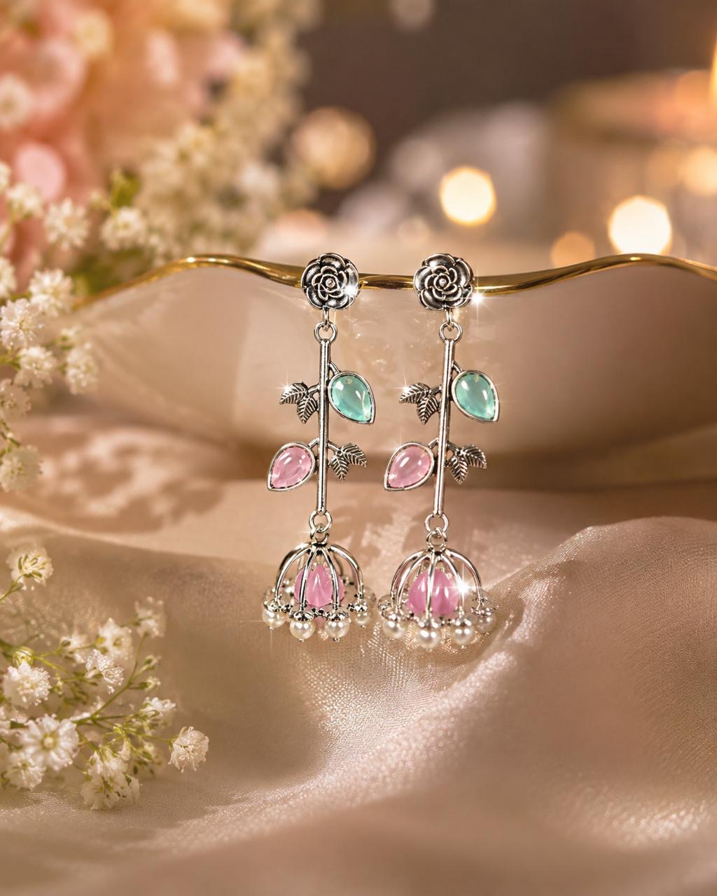 Stile Sovrano Gul-e-Kashmir Floral Jhumka Earrings for Women | Kashmiri Silver Oxidised Earrings | Ruby Green & Pink Mint