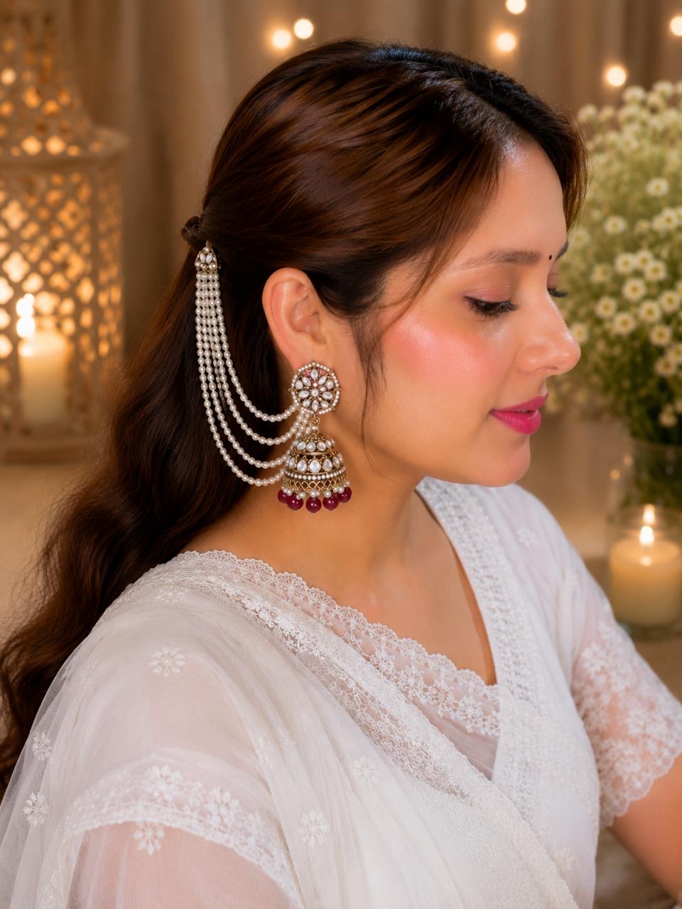 Stile Sovrano Zeenat Pearl Detachable Shoulder Duster Jhumka Earrings for Women | Gold-Plated Kundan-Inspired Bridal Statement Earrings