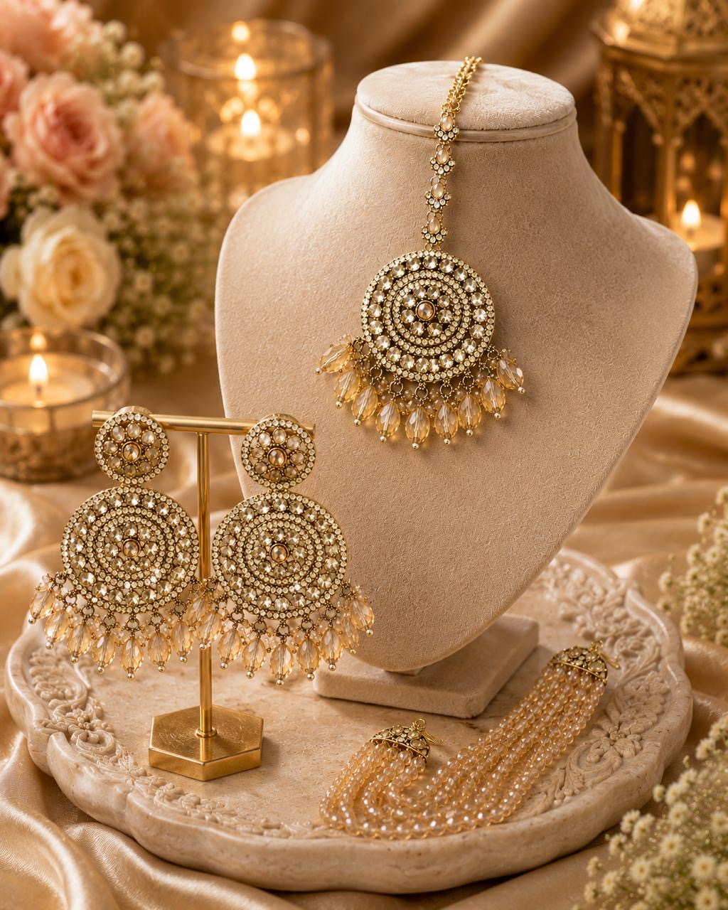 Stile Sovrano Noor-e-Zar Detachable Shoulder Duster Earrings with Maang Tikka for Women | Gold-Plated Crystal Bridal Statement Jewellery Set