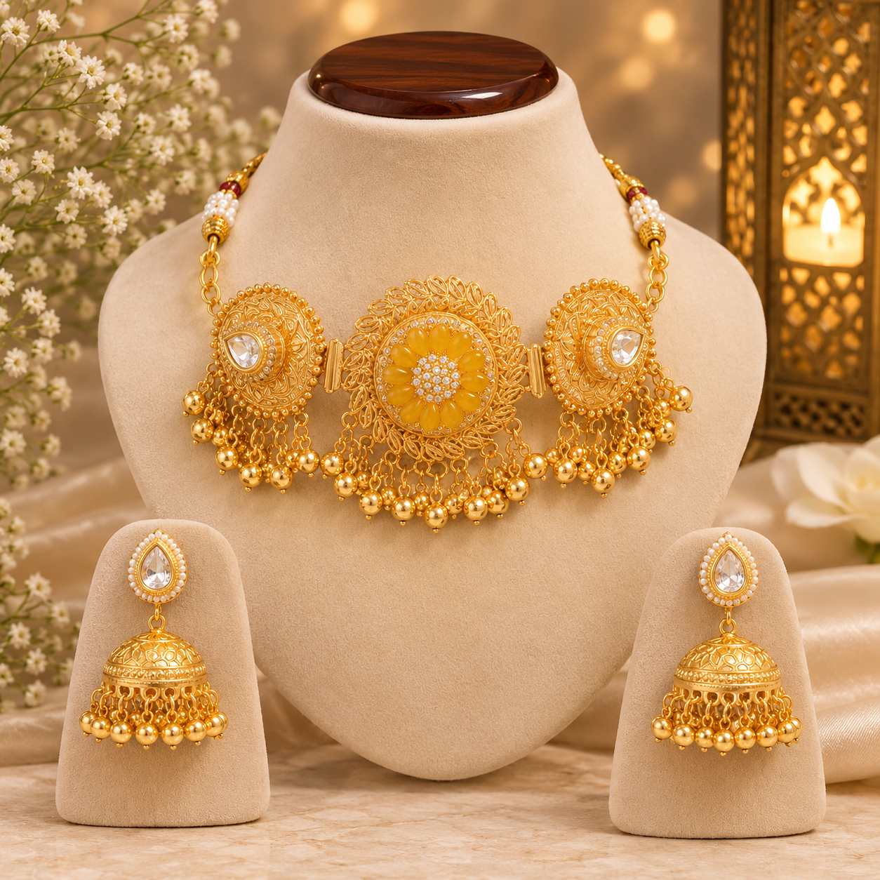 Stile Sovrano gold-toned necklace and matching jhumka earrings displayed on a jewellery bust