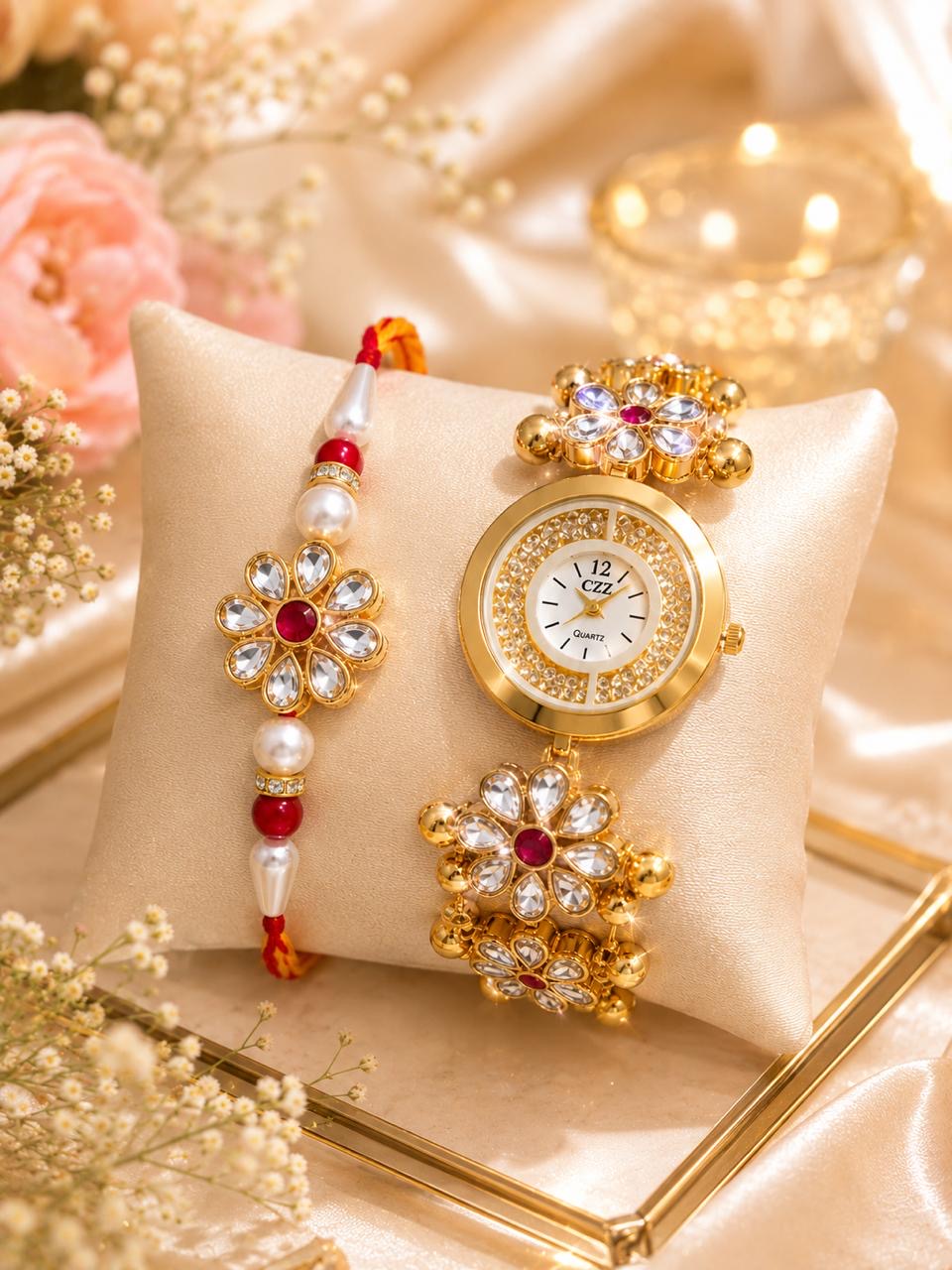 Stile Sovrano Prem Bandhan Bhai Bhabhi Rakhi Watch Combo | Floral Bracelet Watch with Matching Rakhi | Rakhi Utsav Collection