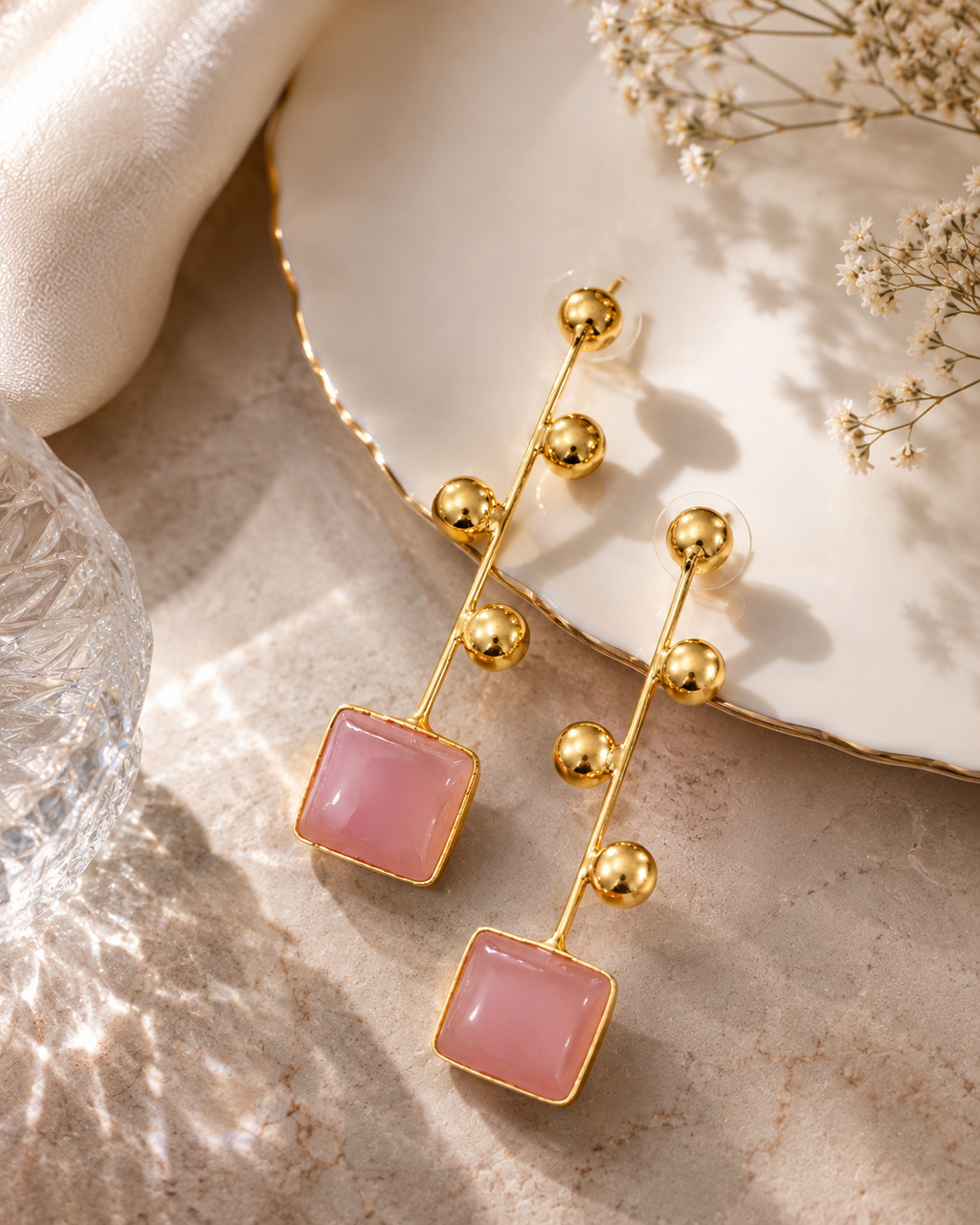 Blush Pink Rectangular Stone Drop Earrings – Stile Sovrano