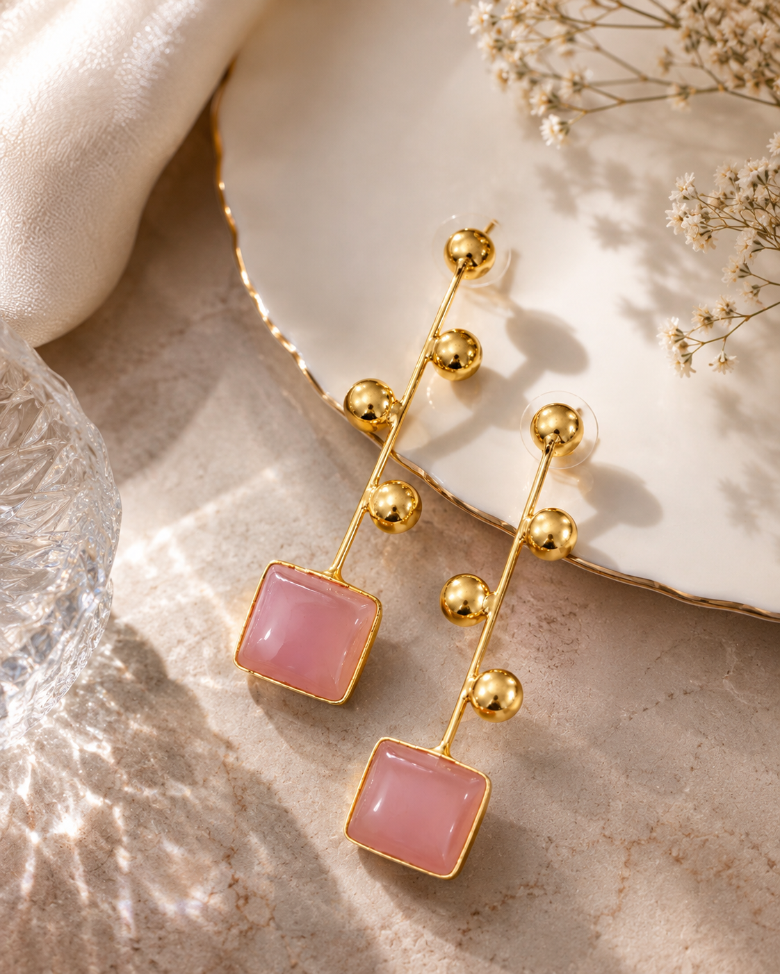 Blush Pink Rectangular Stone Drop Earrings – Stile Sovrano