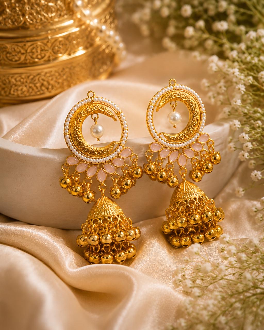 Stile Sovrano Chand-e-Kashmir Crescent Jhumka Earrings for Women | Heritage Gold Pearl Jhumkas | Ruby Red & Blush Pink