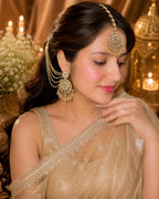 Stile Sovrano Noor-e-Zar Detachable Shoulder Duster Earrings with Maang Tikka for Women | Gold-Plated Crystal Bridal Statement Jewellery Set