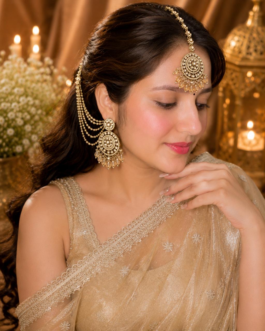 Stile Sovrano Noor-e-Zar Detachable Shoulder Duster Earrings with Maang Tikka for Women | Gold-Plated Crystal Bridal Statement Jewellery Set
