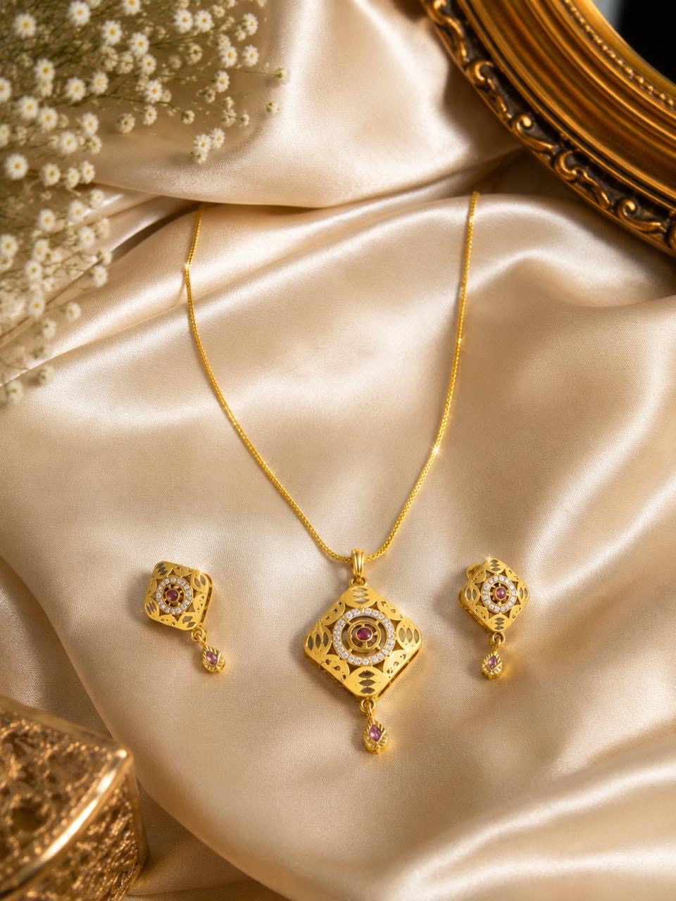 Stile Sovrano Rajnandini Traditional Gold-Plated Pendant Set for Women | Ruby-Colored Stone & Crystal Studded Ethnic Pendant Necklace with Matching Earrings