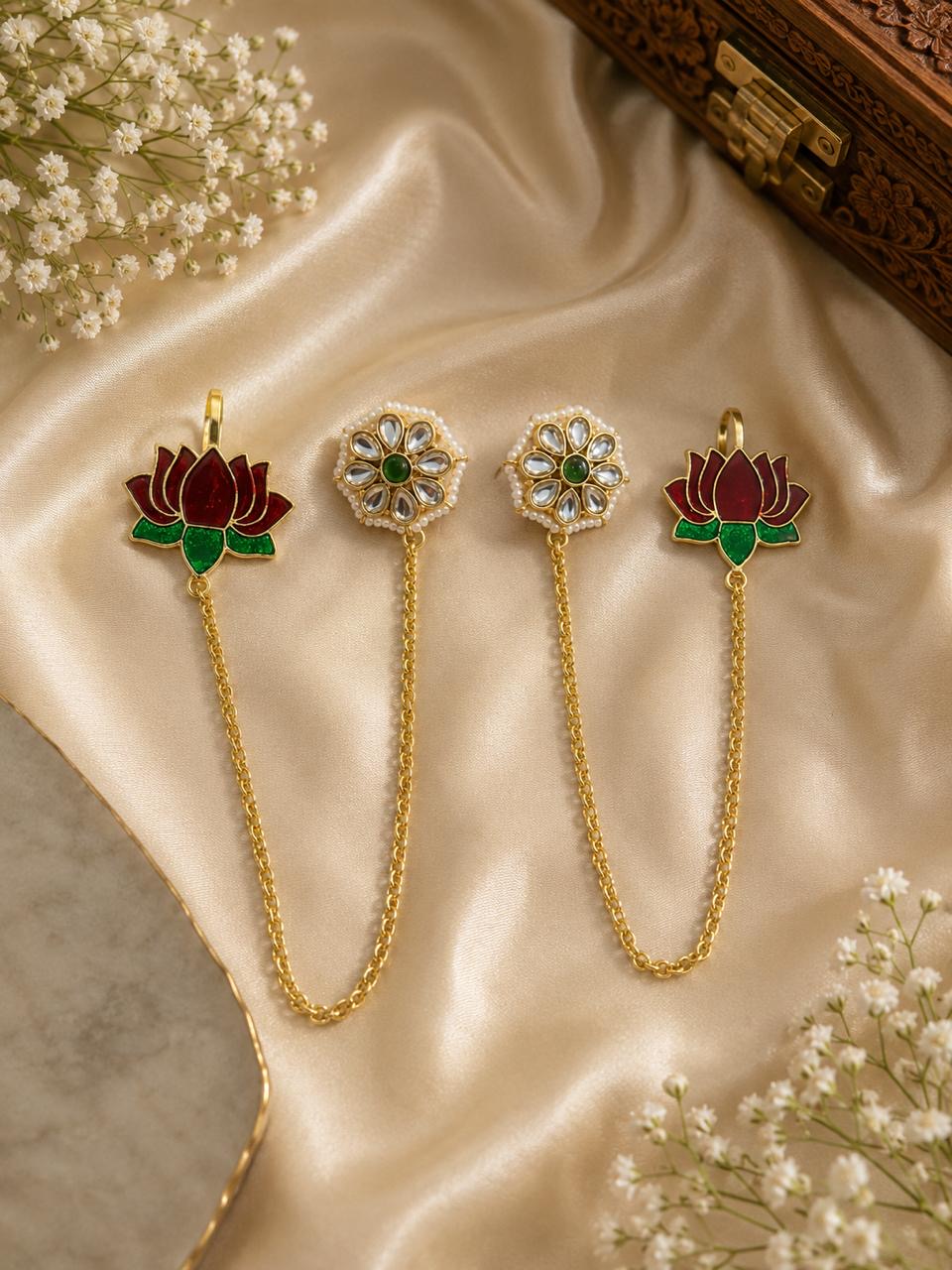Padma Vriksha Collection – Gold-Finished Lotus Chain Statement Earrings with Meenakari Accents