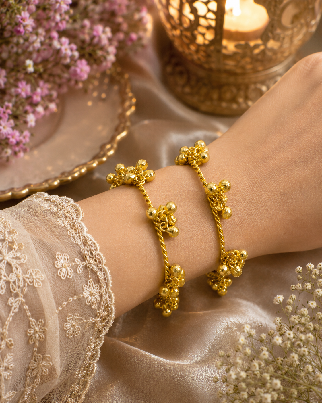 Svarna Ghungroo Luxe Collection – Gold-Finished Statement Bangles with Bell Cluster Detailing - Pair
