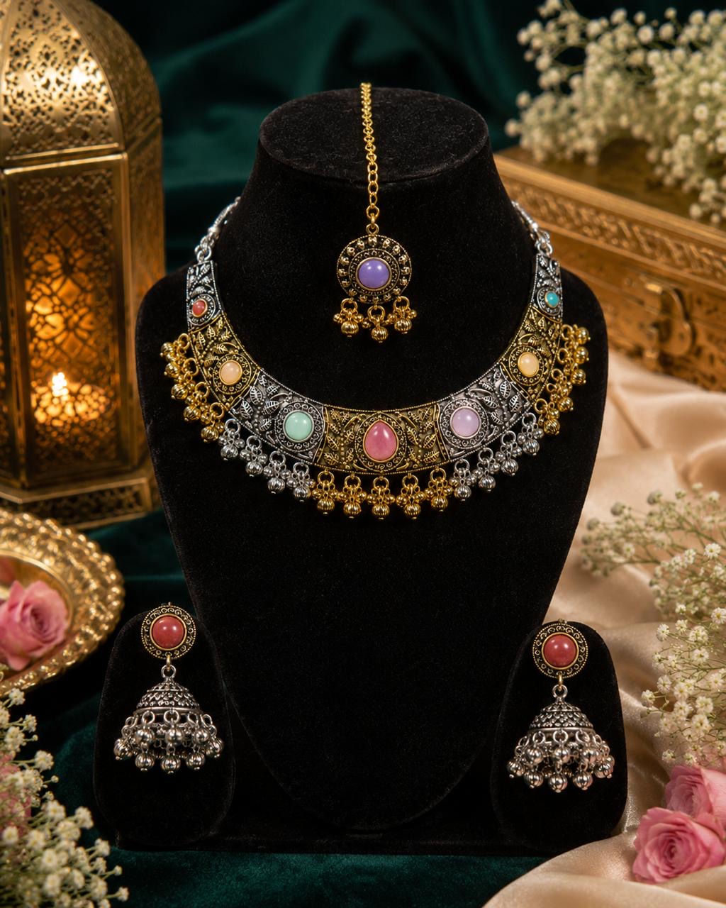Stile Sovrano Rajsi Noor Kashmiri Oxidised Choker Necklace Set with Maang Tikka & Jhumka Earrings for Women | Antique Gold-Plated Statement Bridal Jewellery