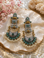 tile Sovrano green and gold statement earrings with intricate detailing and pearl accents