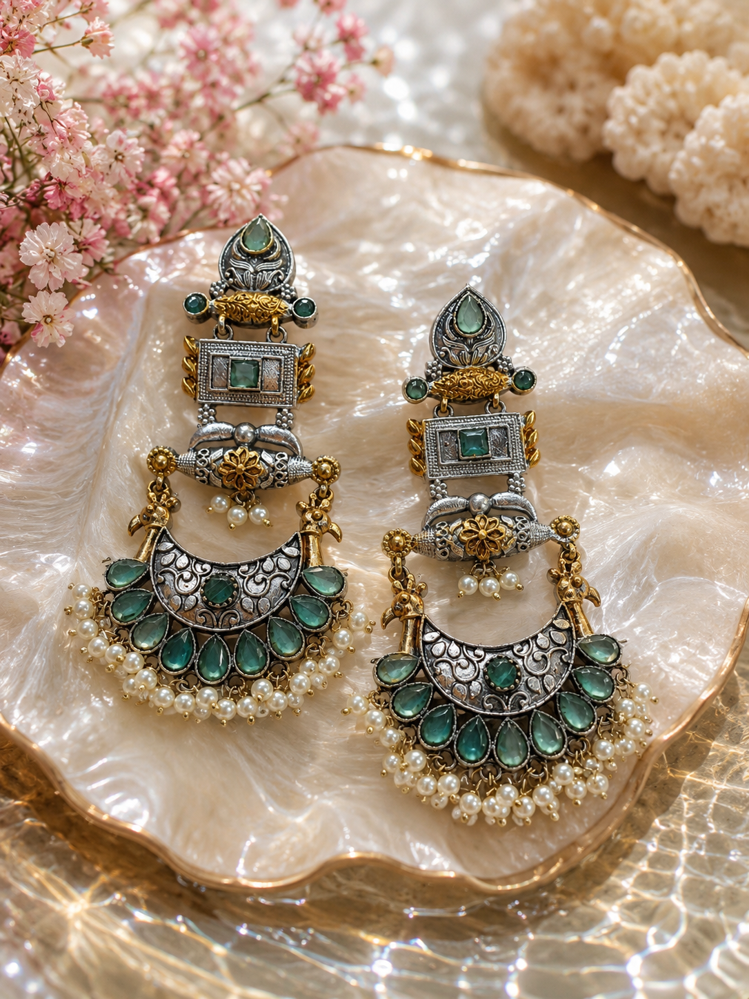 tile Sovrano green and gold statement earrings with intricate detailing and pearl accents
