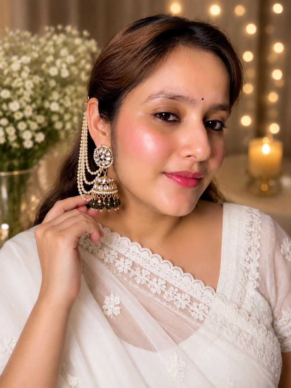 Stile Sovrano Zeenat Pearl Detachable Shoulder Duster Jhumka Earrings for Women | Gold-Plated Kundan-Inspired Bridal Statement Earrings