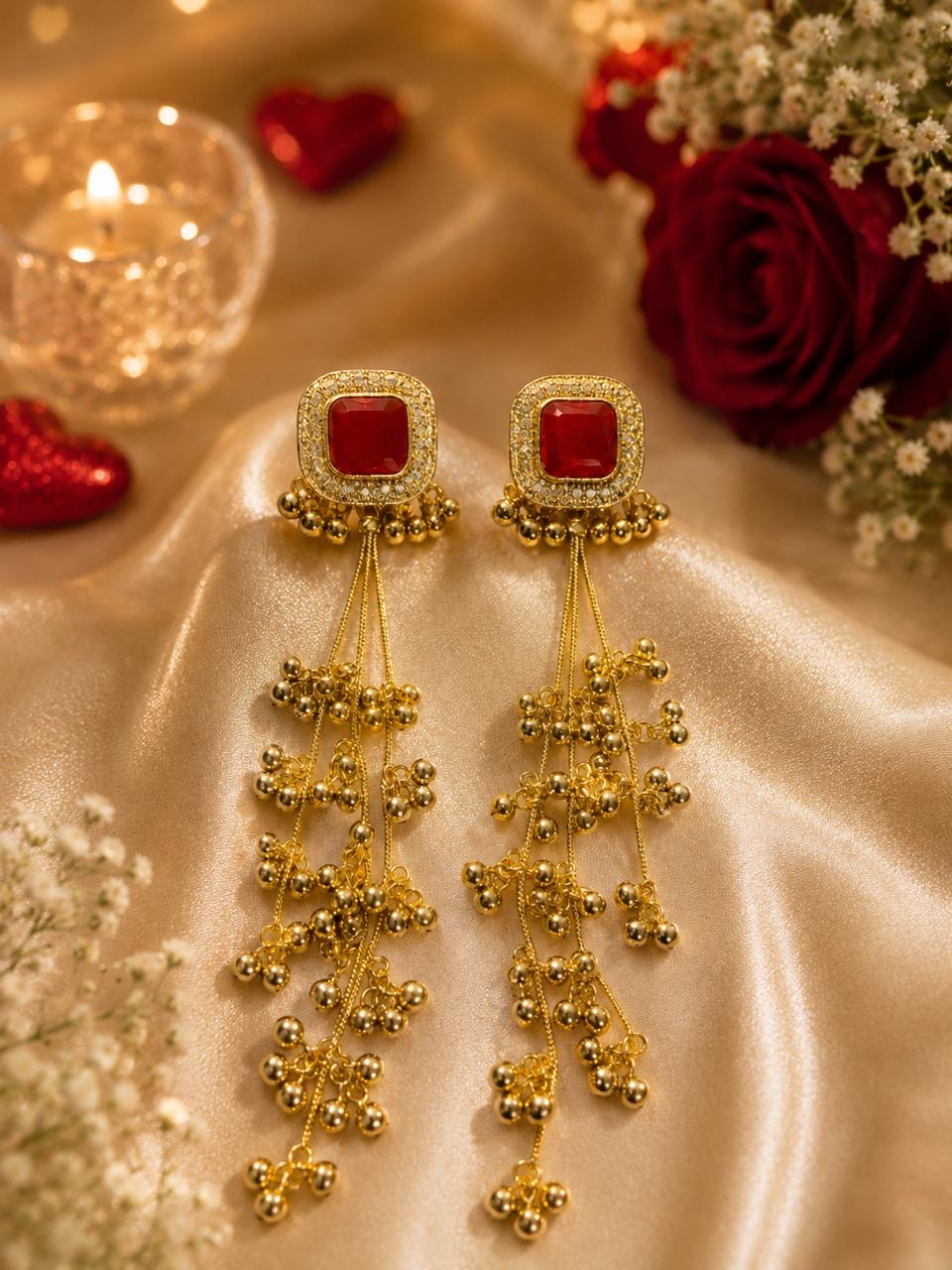 Stile Sovrano Roshanara Heritage Tassel Earrings for Women | Gold Statement Earrings with Ruby Red & Pink Stones