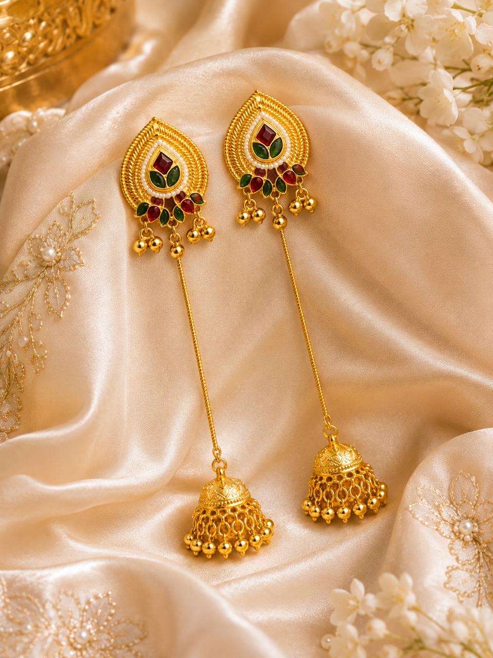 Stile Sovrano Gulnaar-e-Kashmir Long Jhumka Earrings for Women | Heritage Kashmiri Gold Statement Earrings