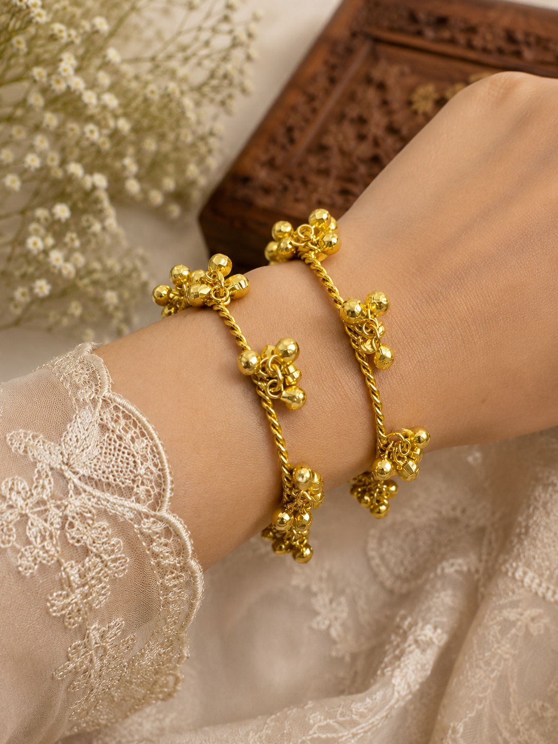 Svarna Ghungroo Luxe Collection – Gold-Finished Statement Bangles with Bell Cluster Detailing - Pair