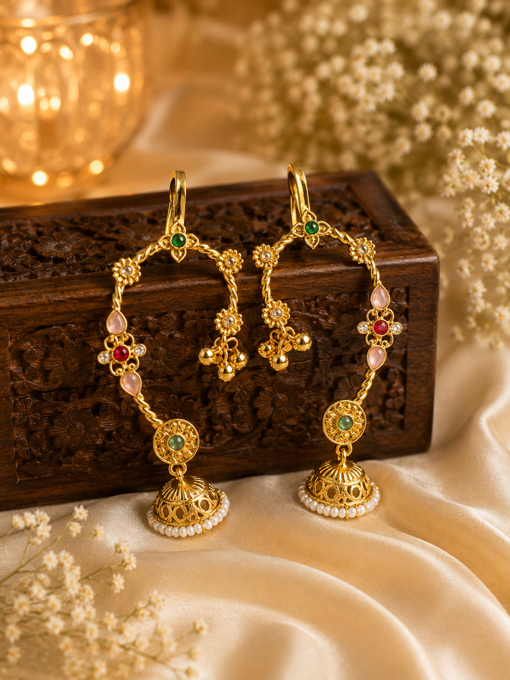 Stile Sovrano Shringarika Traditional Kashmiri Gold-Plated Ear Cuffs for Women | Pearl Beads, Floral Design & Multicolor Gemstone Embellishments