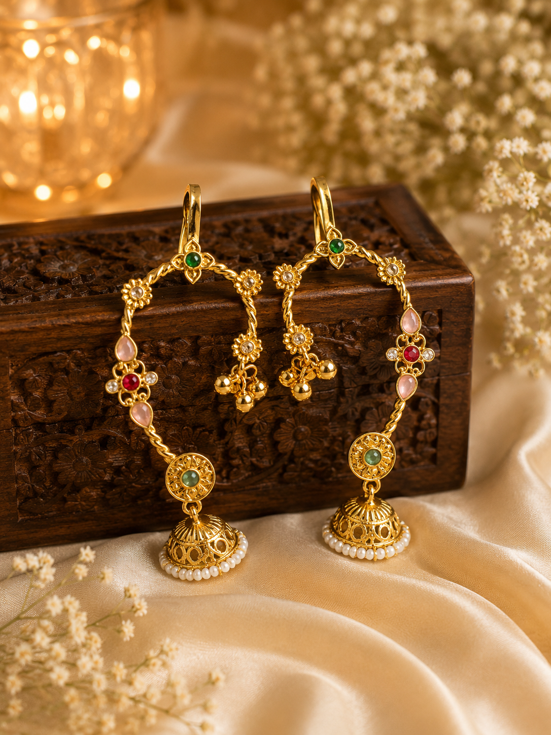 Stile Sovrano Shringarika Traditional Kashmiri Gold-Plated Ear Cuffs for Women | Pearl Beads, Floral Design & Multicolor Gemstone Embellishments
