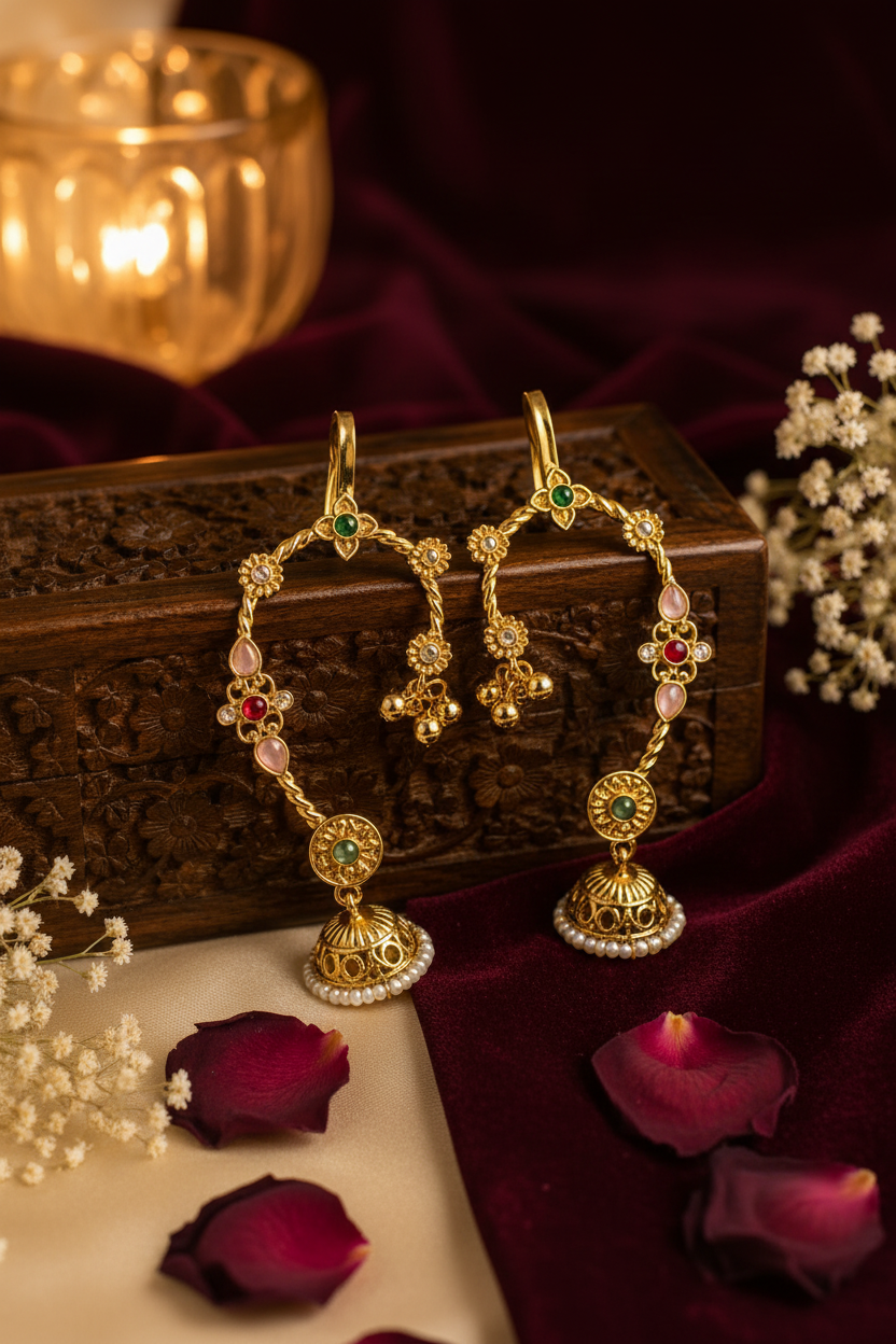 Stile Sovrano Shringarika Traditional Kashmiri Gold-Plated Ear Cuffs for Women | Pearl Beads, Floral Design & Multicolor Gemstone Embellishments