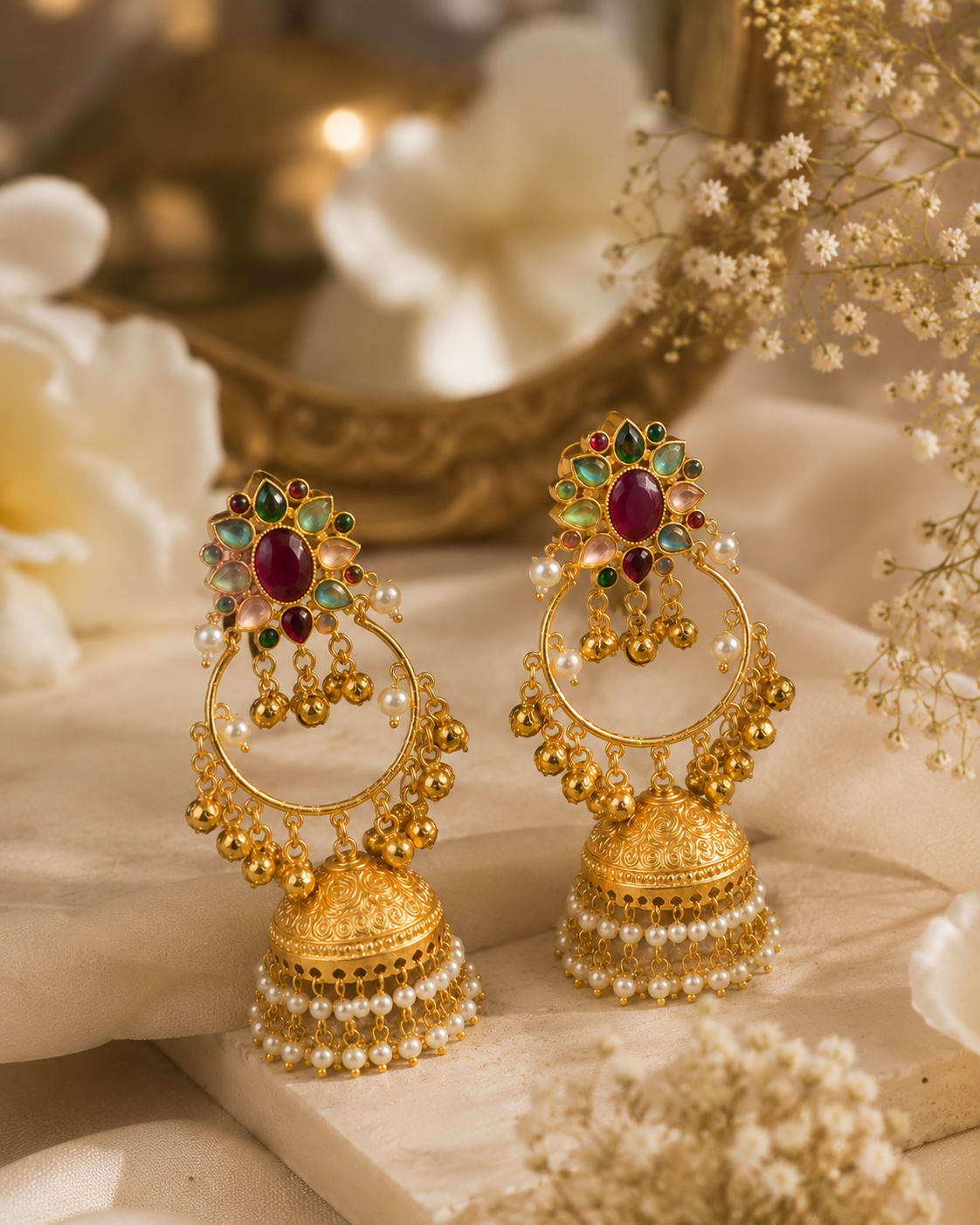Rajkumari Meherang Viraasat – Pearl Jhumka Hoop Kashmiri Earrings with Multicolor Kundan Stones