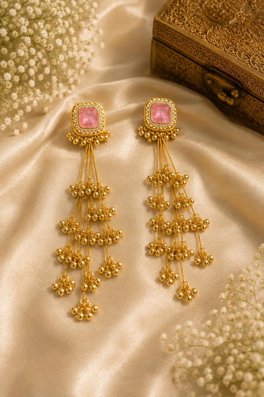 Stile Sovrano Roshanara Heritage Tassel Earrings for Women | Gold Statement Earrings with Ruby Red & Pink Stones