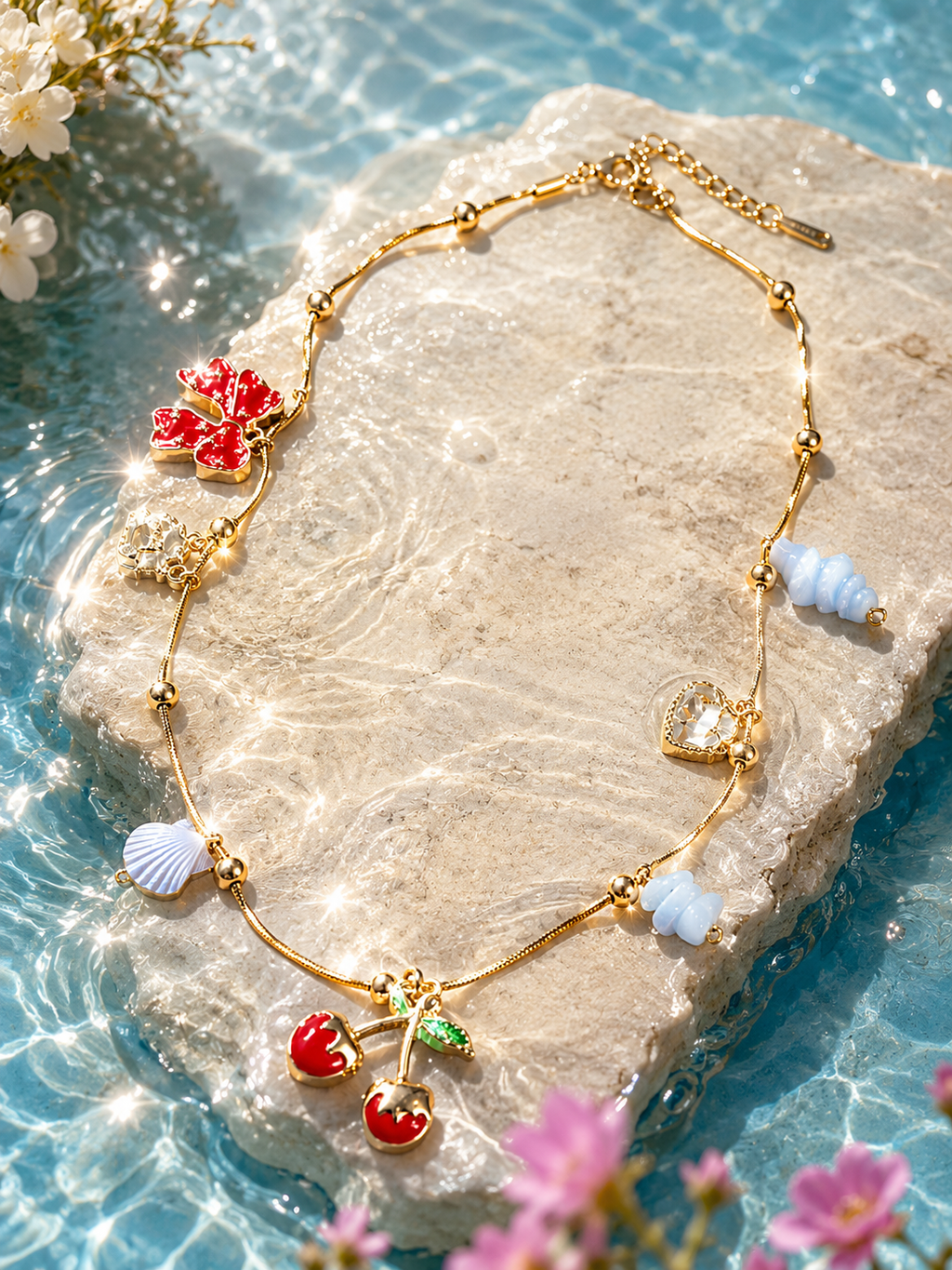 Gold Cherry & Heart Multi-Charm Pendant Necklace – Stile Sovrano