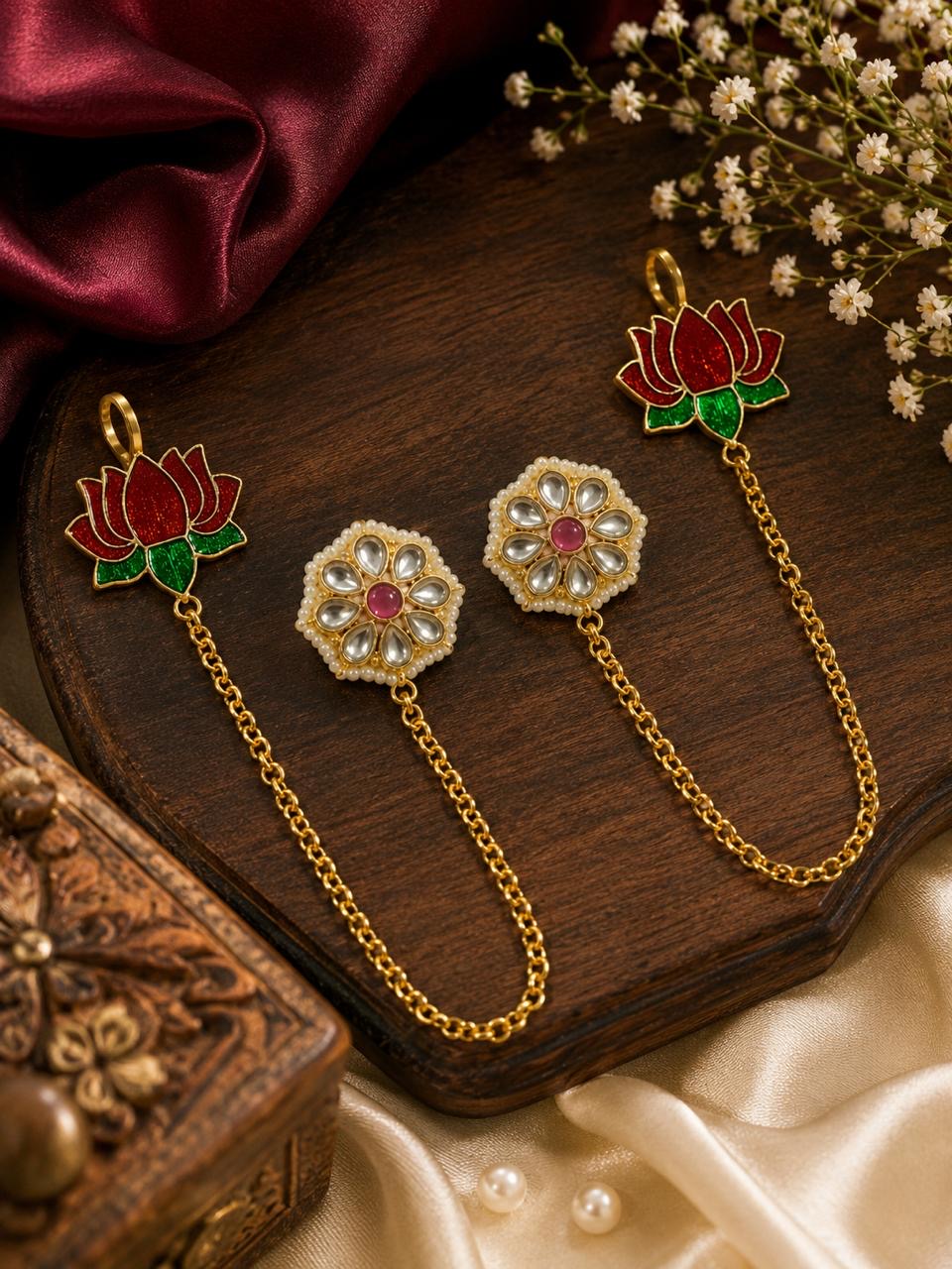 Padma Vriksha Collection – Gold-Finished Lotus Chain Statement Earrings with Meenakari Accents