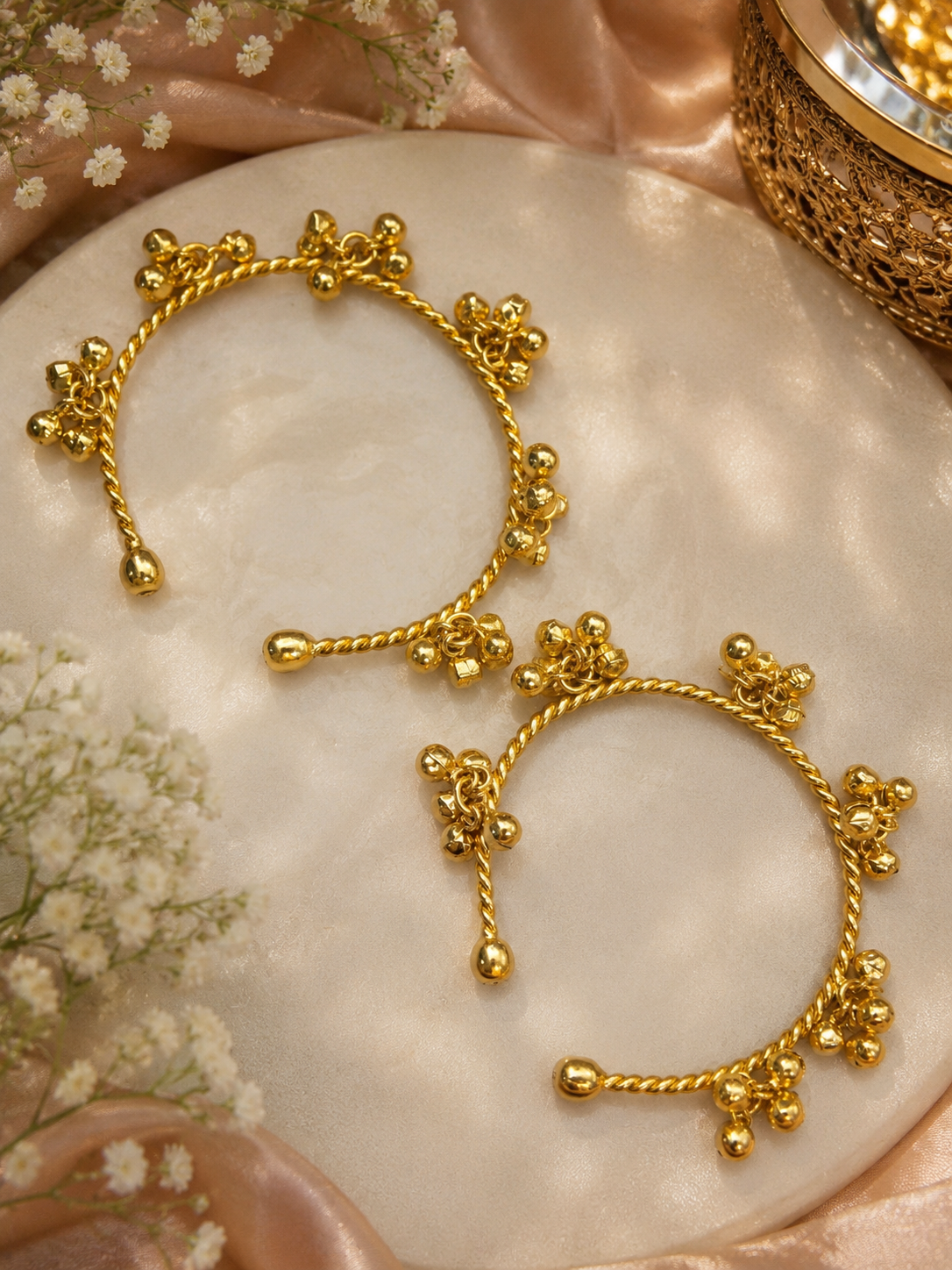 Svarna Ghungroo Luxe Collection – Gold-Finished Statement Bangles with Bell Cluster Detailing - Pair