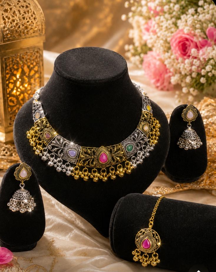 Stile Sovrano Rajsi Noor Kashmiri Oxidised Choker Necklace Set with Maang Tikka & Jhumka Earrings for Women | Antique Gold-Plated Statement Bridal Jewellery