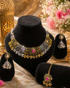 Stile Sovrano Rajsi Noor Kashmiri Oxidised Choker Necklace Set with Maang Tikka & Jhumka Earrings for Women | Antique Gold-Plated Statement Bridal Jewellery