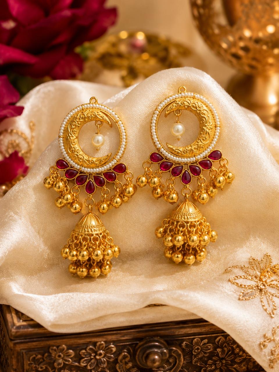 Stile Sovrano Chand-e-Kashmir Crescent Jhumka Earrings for Women | Heritage Gold Pearl Jhumkas | Ruby Red & Blush Pink