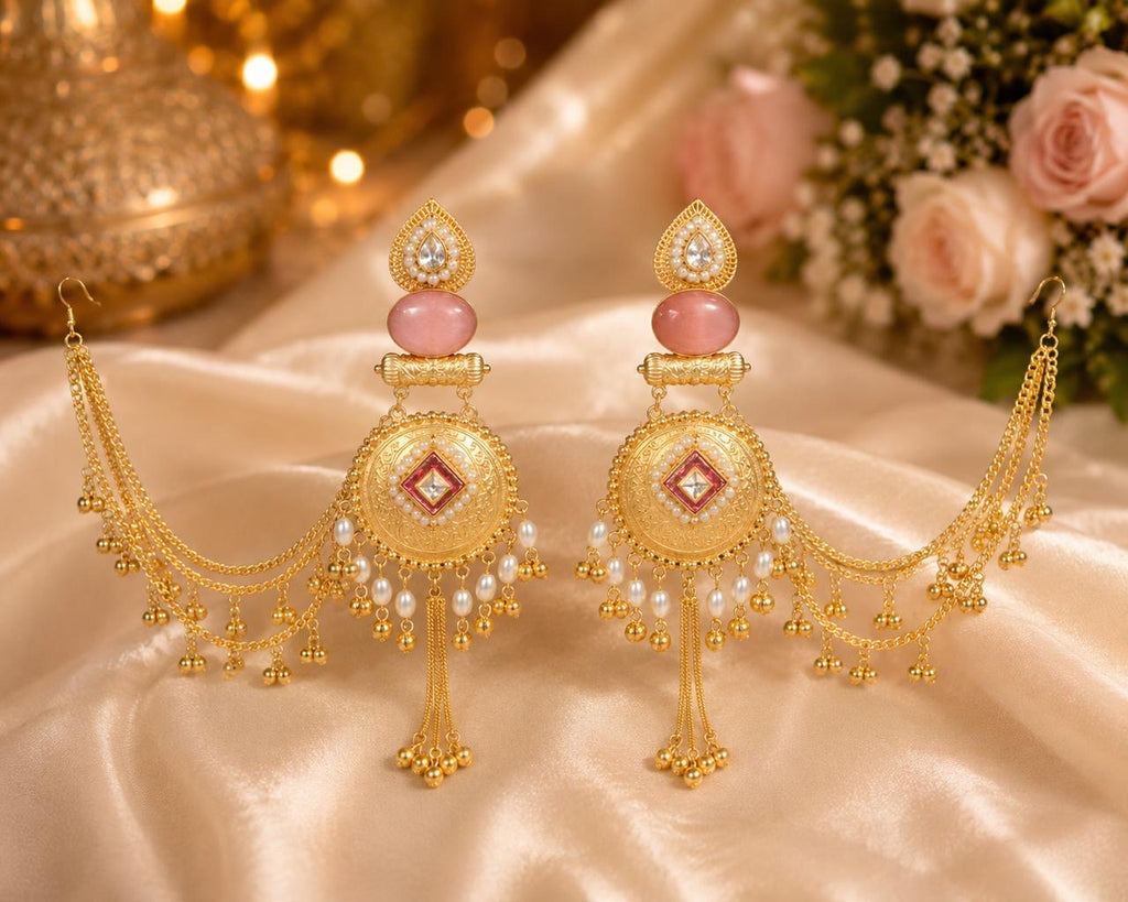 Stile Sovrano Zehra-E-Noor Heritage Chandbali Kashmiri Earrings for Women | Gold Statement Earrings with Blush Pink & Mint Green Stones