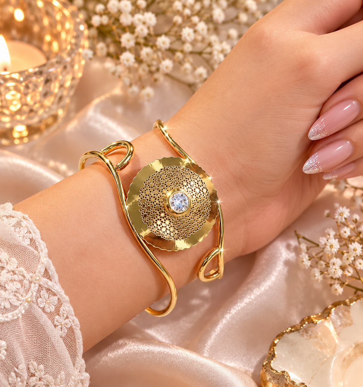 A close-up of a woman's wrist wearing a gold cuff bracelet with a textured circular center and a clear rhinestone, styled with satin fabric, lace sleeve, and small white flowers.