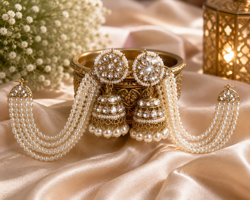 Stile Sovrano Zeenat Pearl Detachable Shoulder Duster Jhumka Earrings for Women | Gold-Plated Kundan-Inspired Bridal Statement Earrings