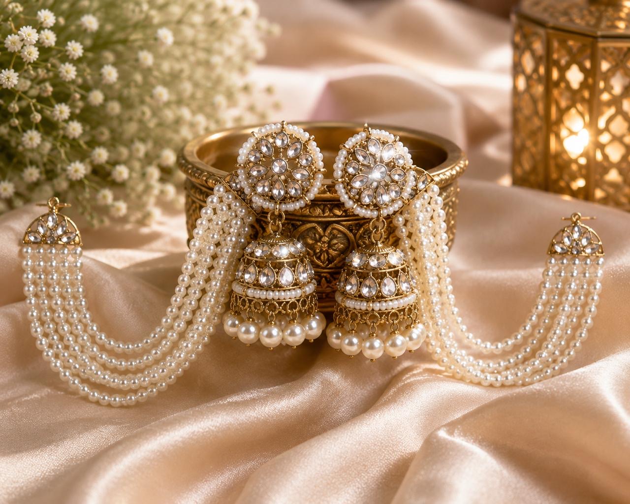 Stile Sovrano Zeenat Pearl Detachable Shoulder Duster Jhumka Earrings for Women | Gold-Plated Kundan-Inspired Bridal Statement Earrings