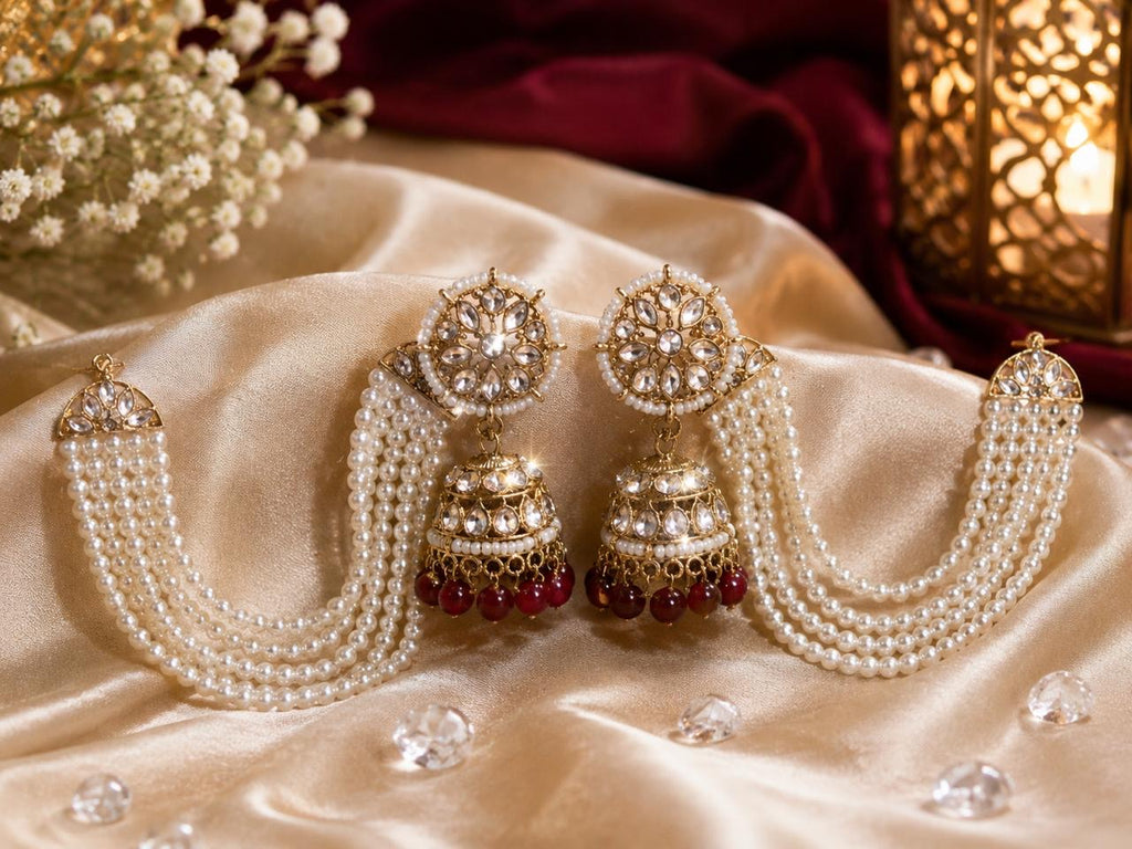 Stile Sovrano Zeenat Pearl Detachable Shoulder Duster Jhumka Earrings for Women | Gold-Plated Kundan-Inspired Bridal Statement Earrings