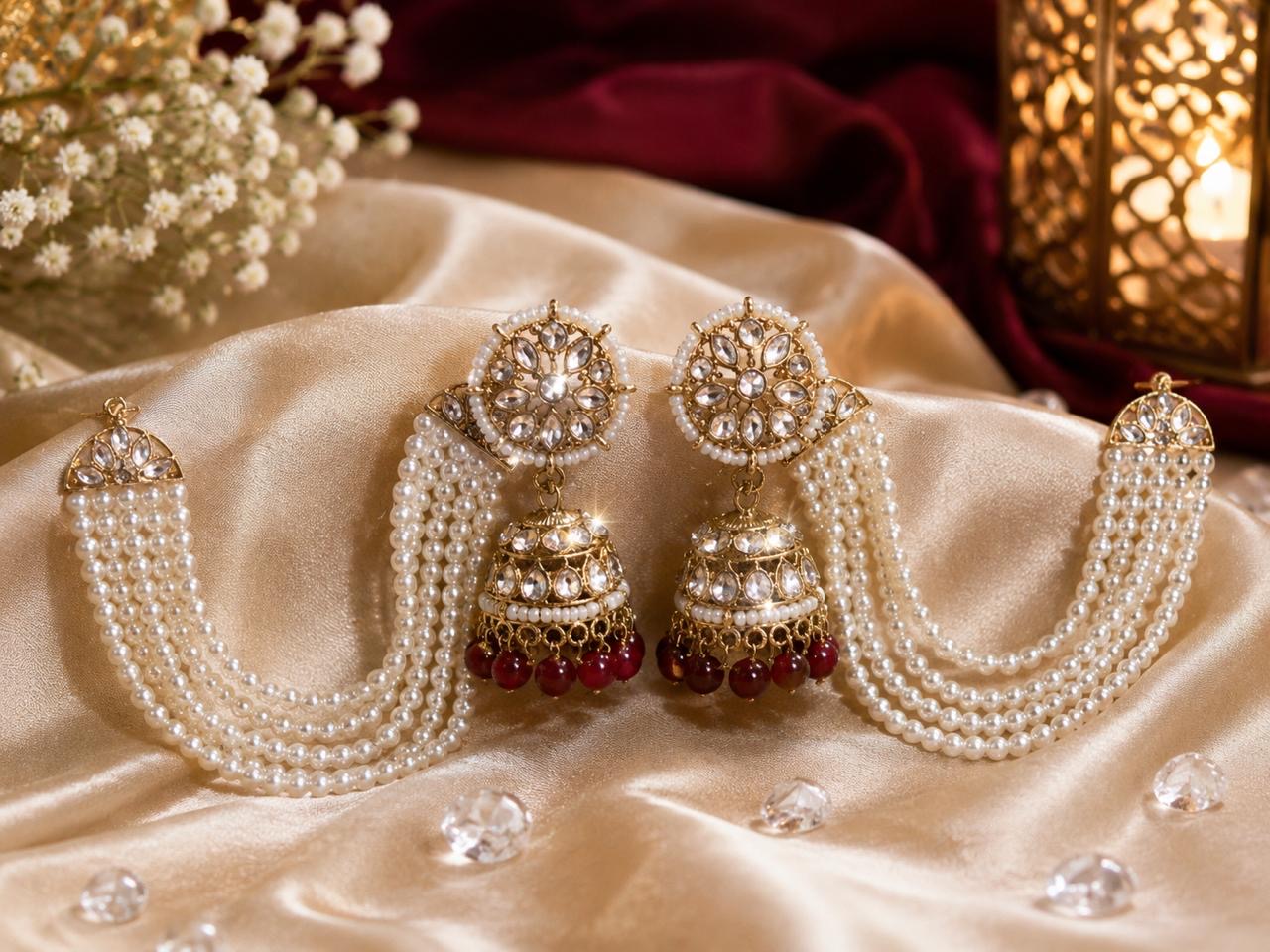 Stile Sovrano Zeenat Pearl Detachable Shoulder Duster Jhumka Earrings for Women | Gold-Plated Kundan-Inspired Bridal Statement Earrings