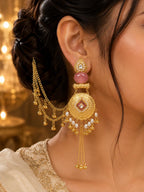 Stile Sovrano Zehra-E-Noor Heritage Chandbali Kashmiri Earrings for Women | Gold Statement Earrings with Blush Pink & Mint Green Stones