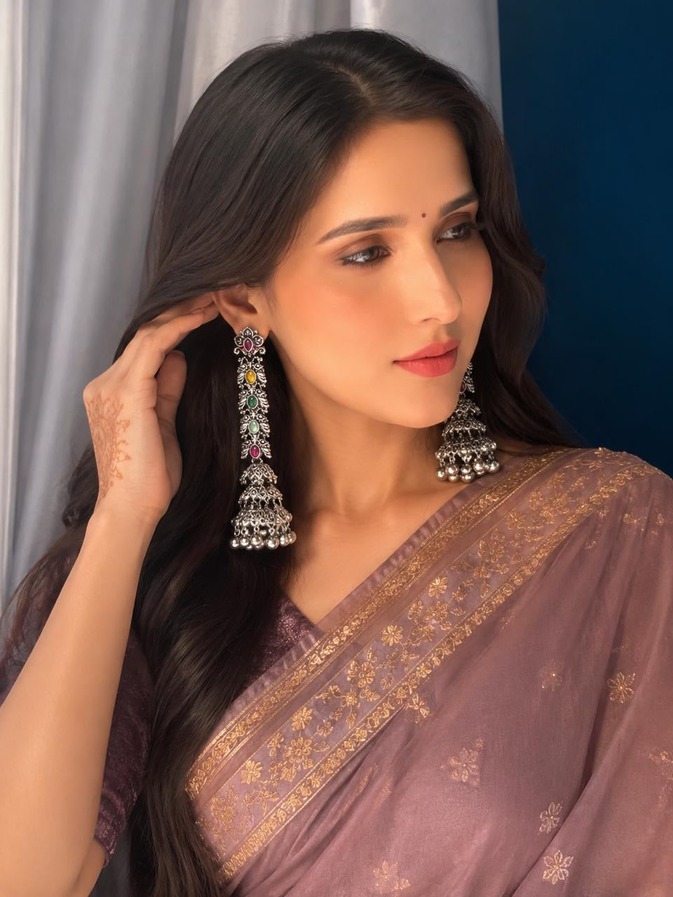 Stile Sovrano Rangmahal Kashmiri Oxidised Long Jhumka Earrings for Women | Multicolor Stone Statement Ethnic Earrings