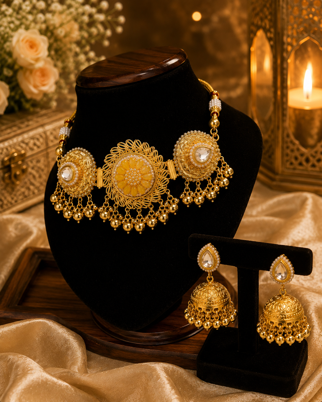 Stile Sovrano gold-toned necklace and matching jhumka earrings with yellow and crystal stones displayed on a jewellery bust