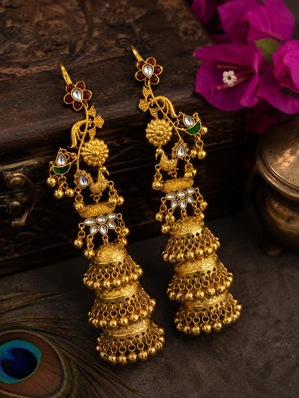 Stile Sovrano Gulnaar-e-Kashmir Handcrafted Long Jhumka Earrings for Women | Antique Gold Ethnic Statement Earrings