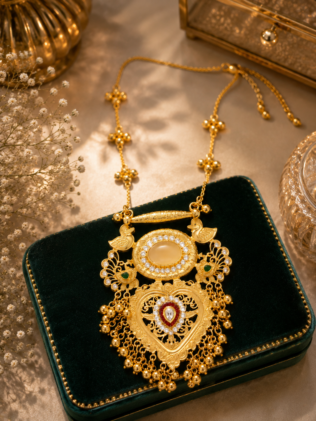 An ornate gold pendant necklace displayed on a dark green velvet jewelry box. The necklace features intricate filigree detailing, a central heart-shaped pendant with red and white stones, and a larger oval pendant with clear stones.