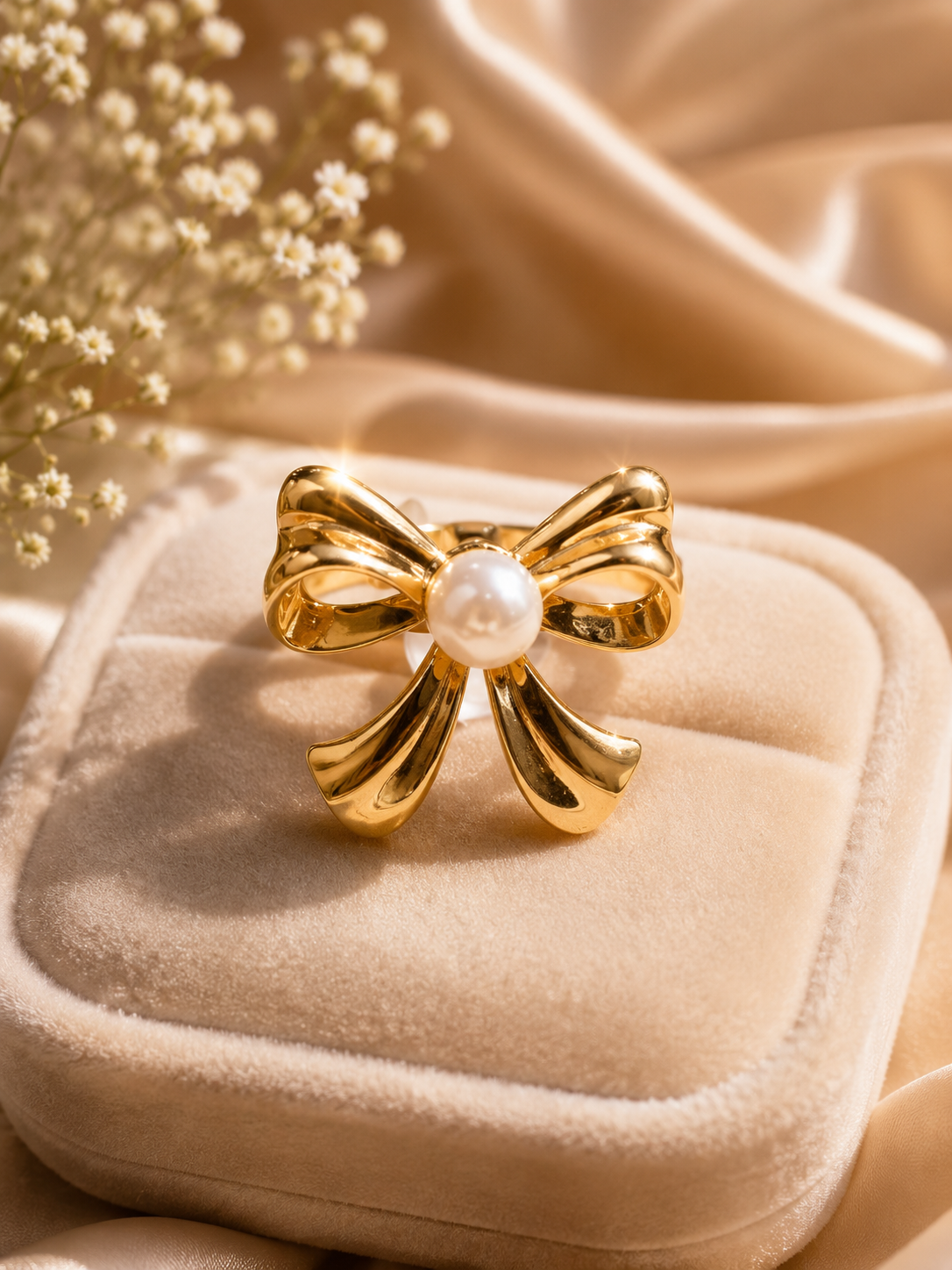 A gold bow-shaped ring with a white pearl at the center, displayed on a beige velvet jewelry box with soft satin fabric and dried flowers in the background.