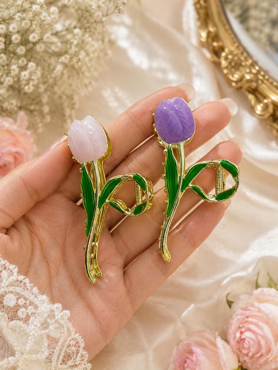 Stile Sovrano Tulipa Royale Tulip Hair Clutcher for Women | Luxury Gold-Tone Floral Claw Clip | Premium Designer Hair Accessory