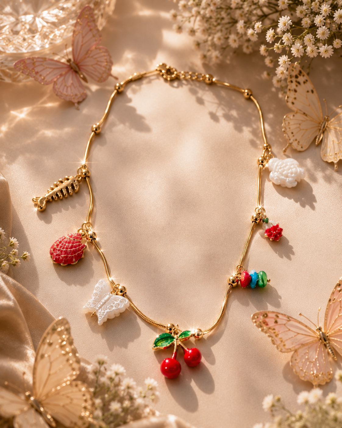Gold Fruit & Butterfly Multi-Charm Pendant Necklace – Stile Sovrano