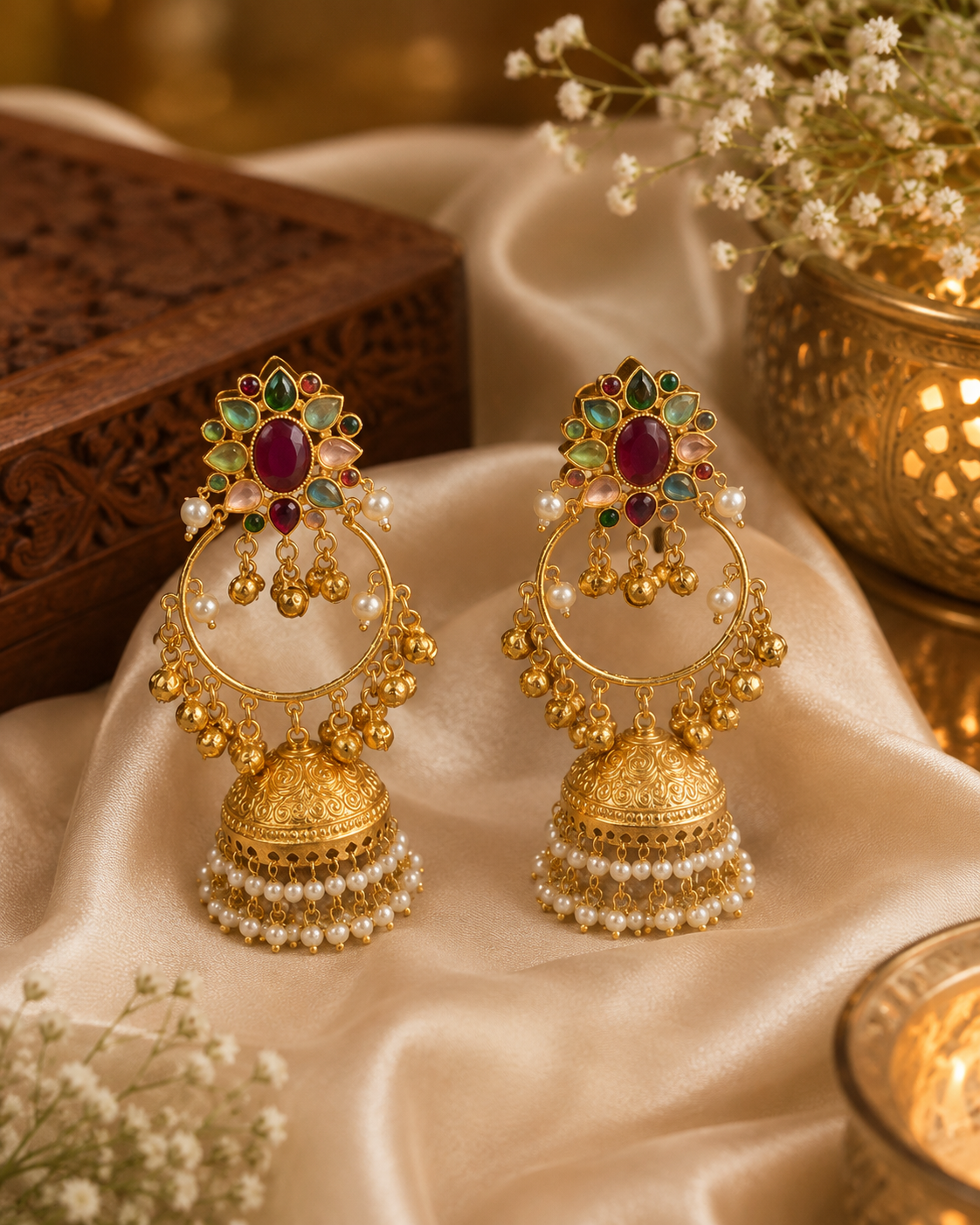 Rajkumari Meherang Viraasat – Pearl Jhumka Hoop Kashmiri Earrings with Multicolor Kundan Stones
