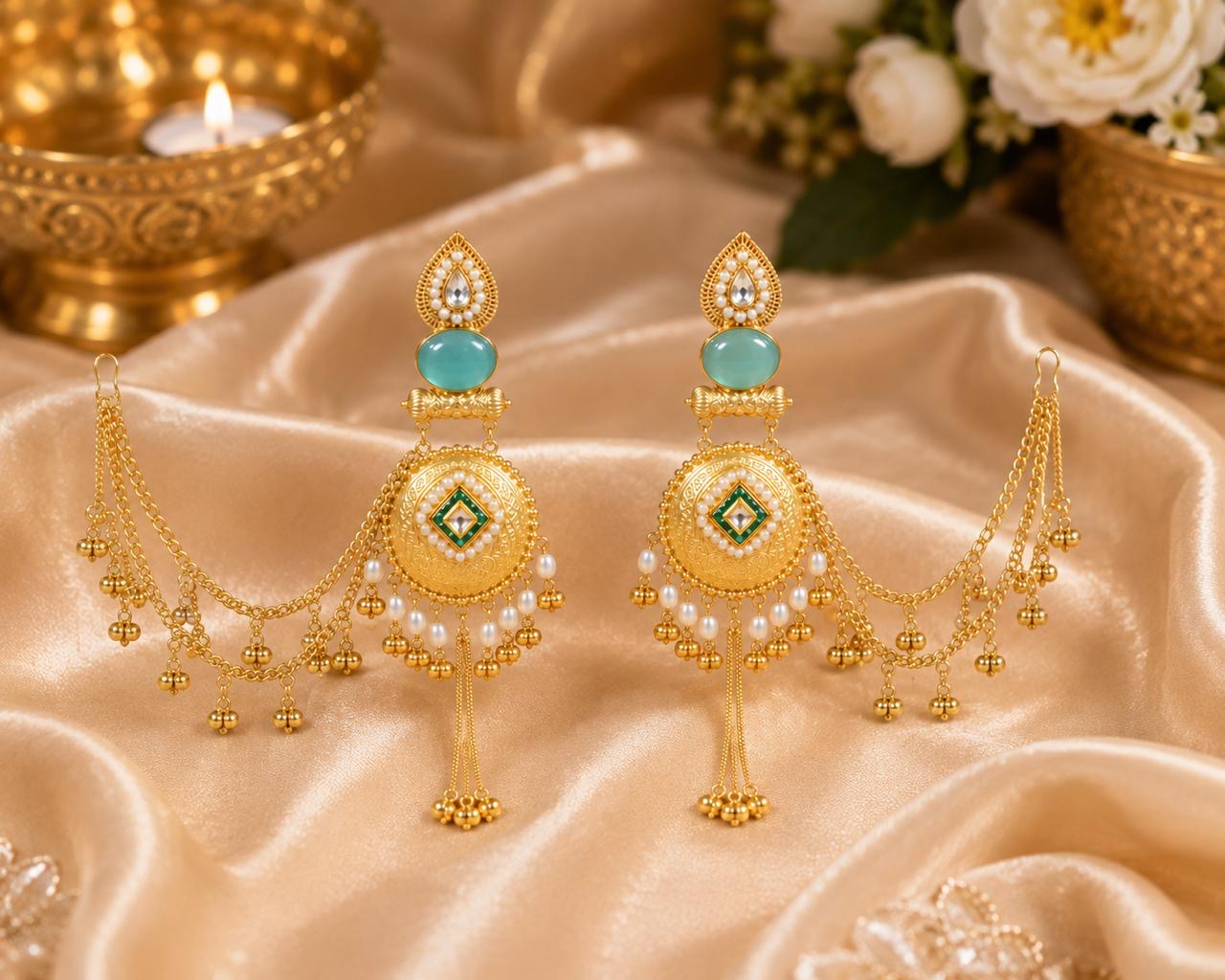 Stile Sovrano Zehra-E-Noor Heritage Chandbali Kashmiri Earrings for Women | Gold Statement Earrings with Blush Pink & Mint Green Stones