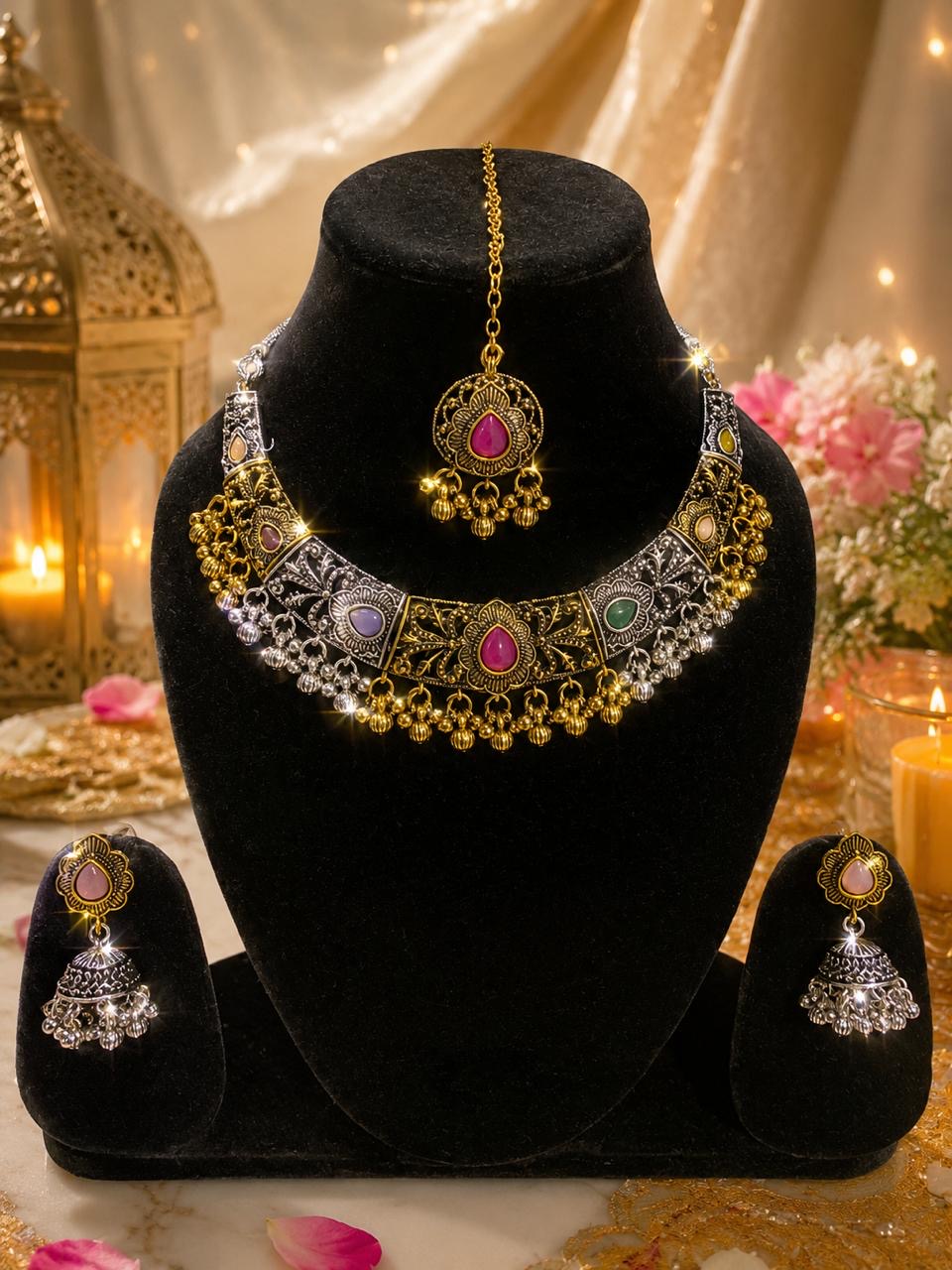 Stile Sovrano Rajsi Noor Kashmiri Oxidised Choker Necklace Set with Maang Tikka & Jhumka Earrings for Women | Antique Gold-Plated Statement Bridal Jewellery