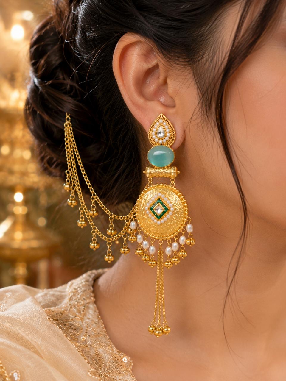 Stile Sovrano Zehra-E-Noor Heritage Chandbali Kashmiri Earrings for Women | Gold Statement Earrings with Blush Pink & Mint Green Stones